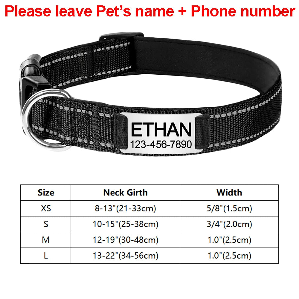 Coleira de cachorro reflexiva ajustável náilon personalizado gravado nome id tag personalizado luminoso filhote de cachorro brilhante grande unisex coleira de cachorro