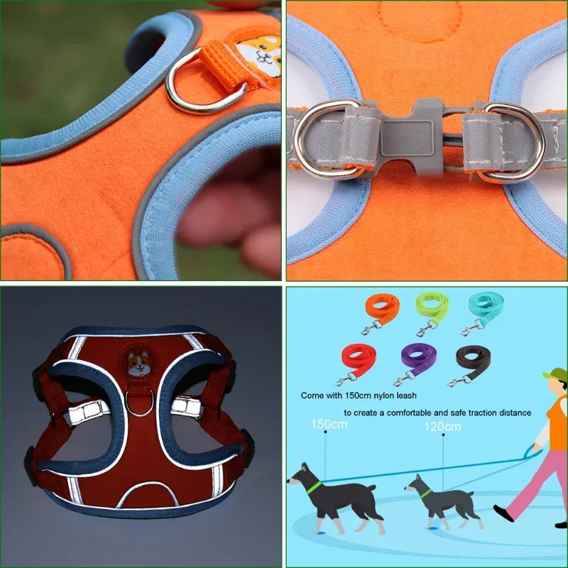 Conjunto de coleira ajustável para cães pequenos e médios, colete refletivo para filhotes de cachorro, cinta peitoral para caminhada ao ar livre