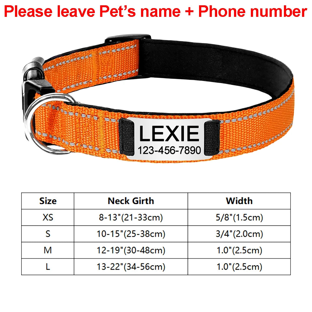 Coleira de cachorro reflexiva ajustável náilon personalizado gravado nome id tag personalizado luminoso filhote de cachorro brilhante grande unisex coleira de cachorro