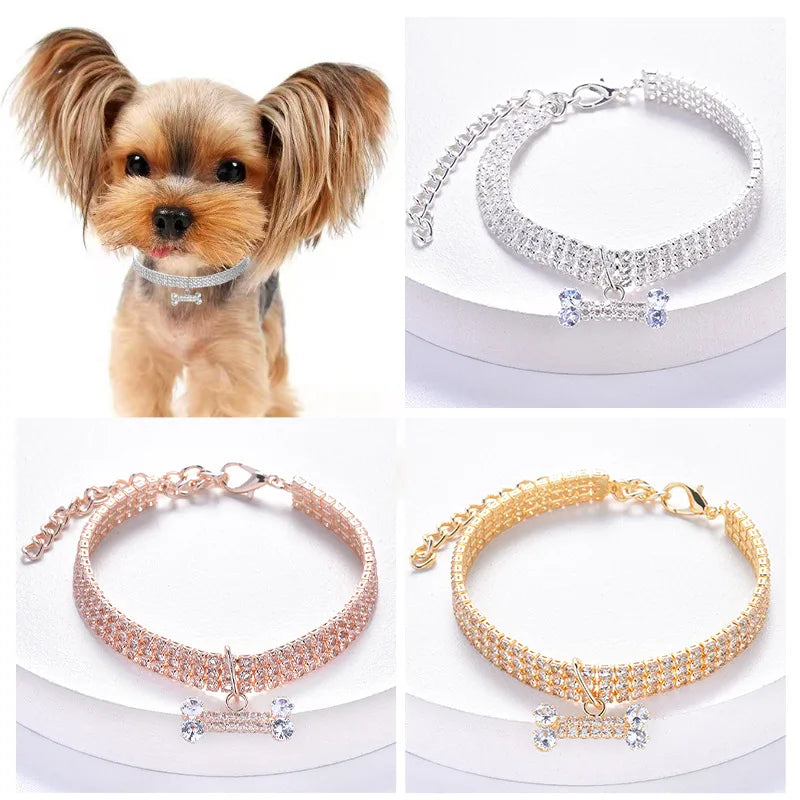 Colar ajustável para animais de estimação, gato, cachorro, cristal, strass, pingente de osso, filhote de cachorro, luxo, moda, beleza, acessórios para cães