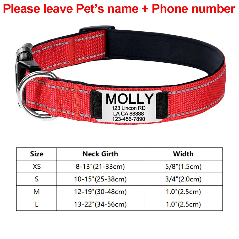 Coleira de cachorro reflexiva ajustável náilon personalizado gravado nome id tag personalizado luminoso filhote de cachorro brilhante grande unisex coleira de cachorro