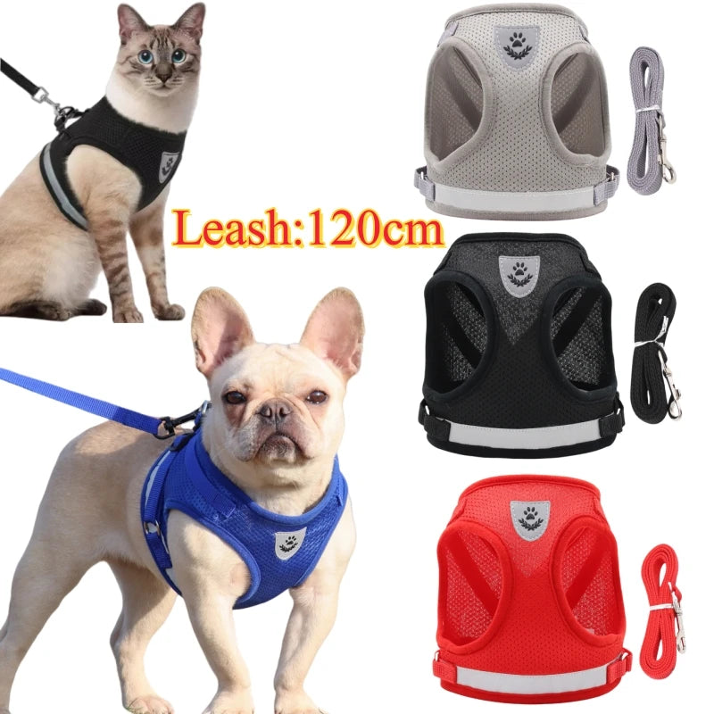 Conjunto de arnês e coleira para cães de estimação, malha ajustável, suprimentos para gatos, coleira, filhote de cachorro, buldogue, corgi, acessórios para cães