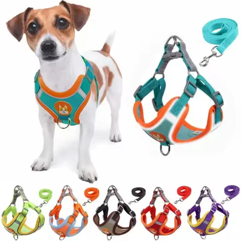 Conjunto de coleira ajustável para cães pequenos e médios, colete refletivo para filhotes de cachorro, cinta peitoral para caminhada ao ar livre