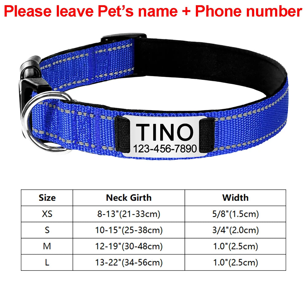 Coleira de cachorro reflexiva ajustável náilon personalizado gravado nome id tag personalizado luminoso filhote de cachorro brilhante grande unisex coleira de cachorro