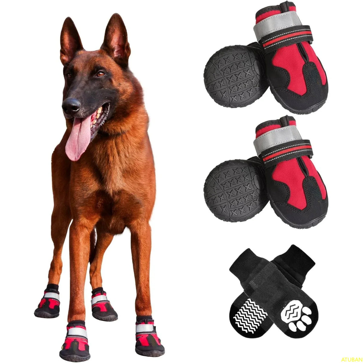 Sapatos para cães, botas impermeáveis para cães, tiras reflexivas ajustáveis, protetores de patas confortáveis e respiráveis para terreno complexo variado