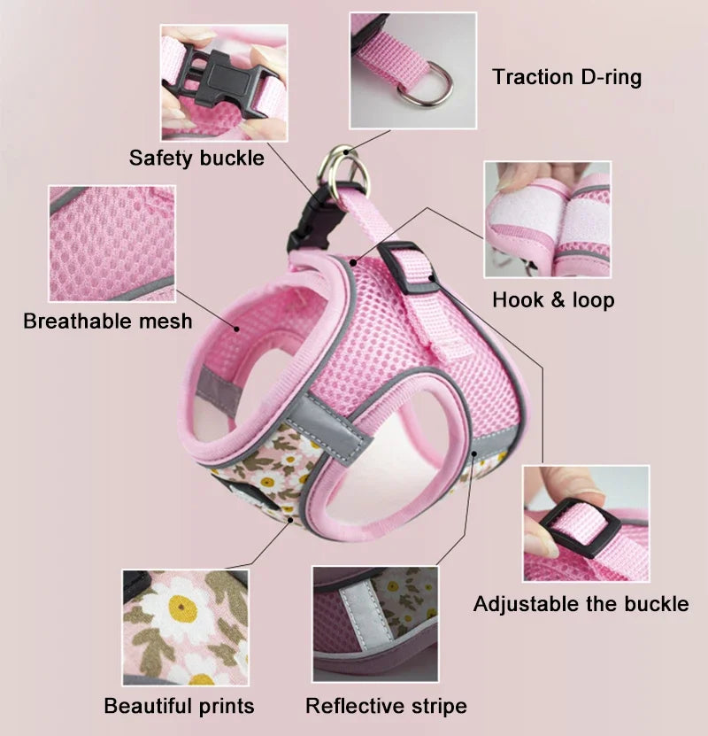 Conjunto reflexivo de arnês e trela para cães, cinta no peito para cachorro pequeno, colete de gatos chihuahua, yorkies, teddy walking suprimentos