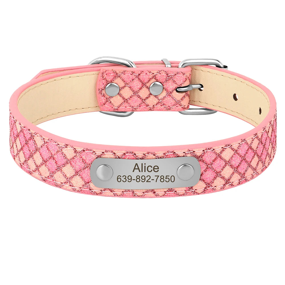 Coleira de couro personalizada para cães, coleiras xadrez personalizadas para cães pequenos e médios, gatos, chihuahua com placa de identificação gravada gratuita