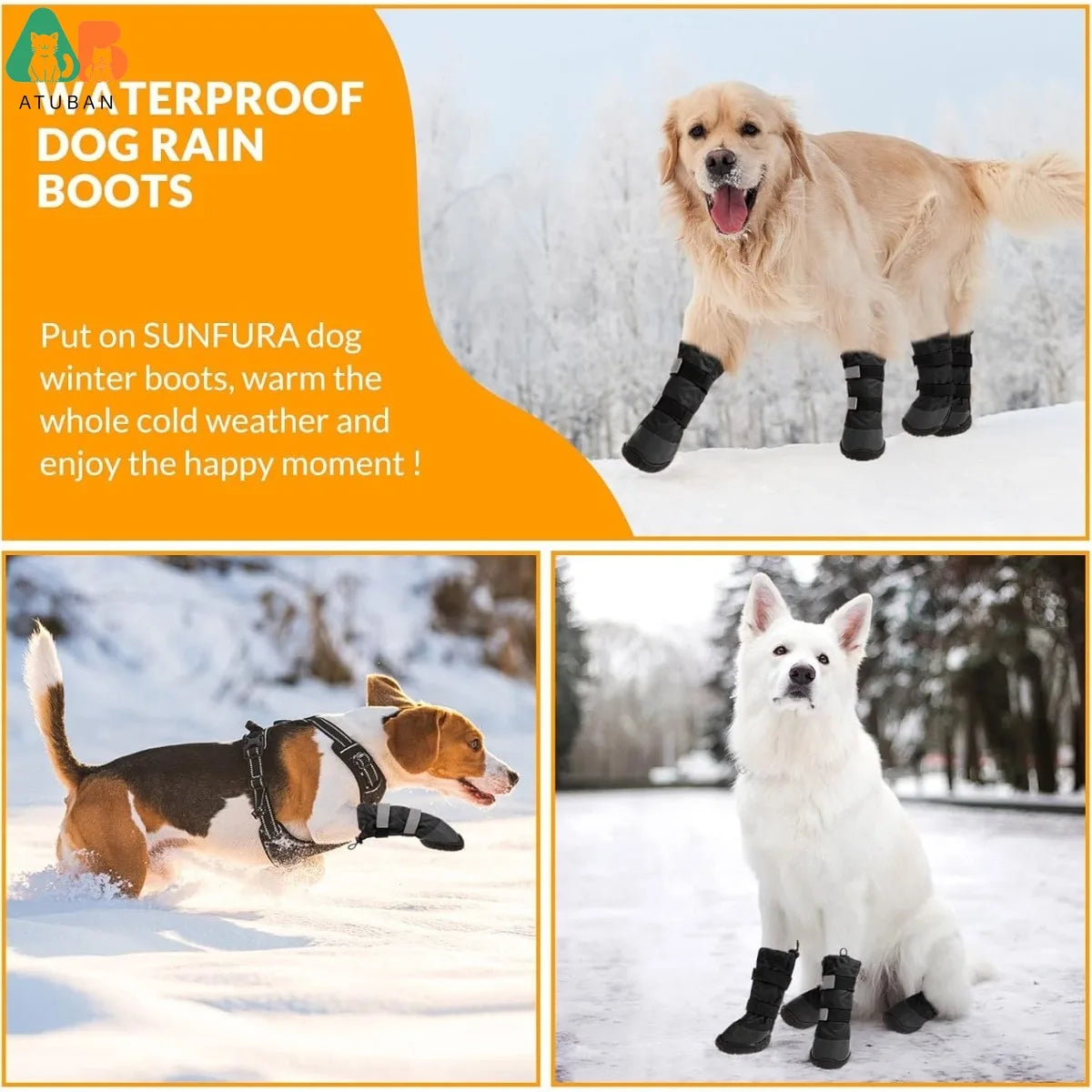 Botas de chuva para cães ATUBAN com lã quente, sapatos para cães médios e grandes à prova d'água e antiderrapantes com tiras reflexivas e sola robusta