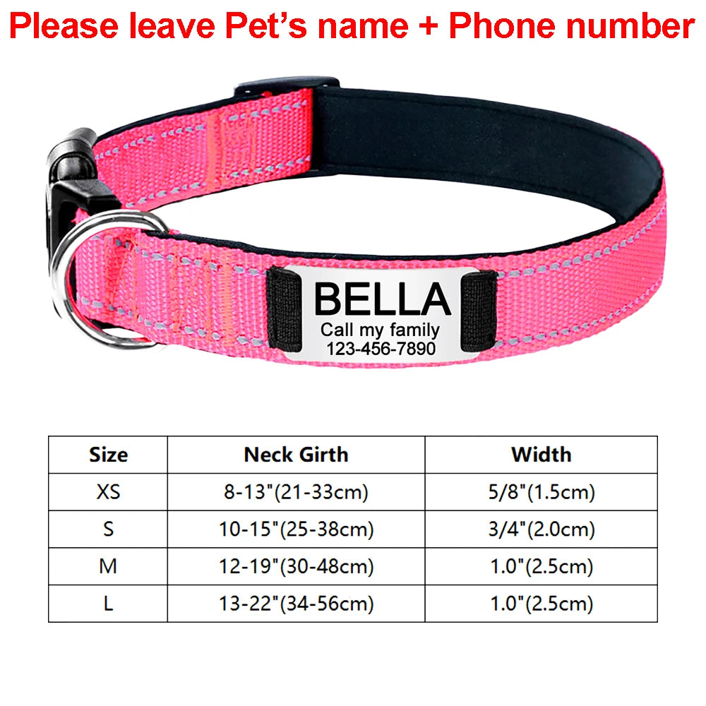 Coleira de cachorro reflexiva ajustável náilon personalizado gravado nome id tag personalizado luminoso filhote de cachorro brilhante grande unisex coleira de cachorro