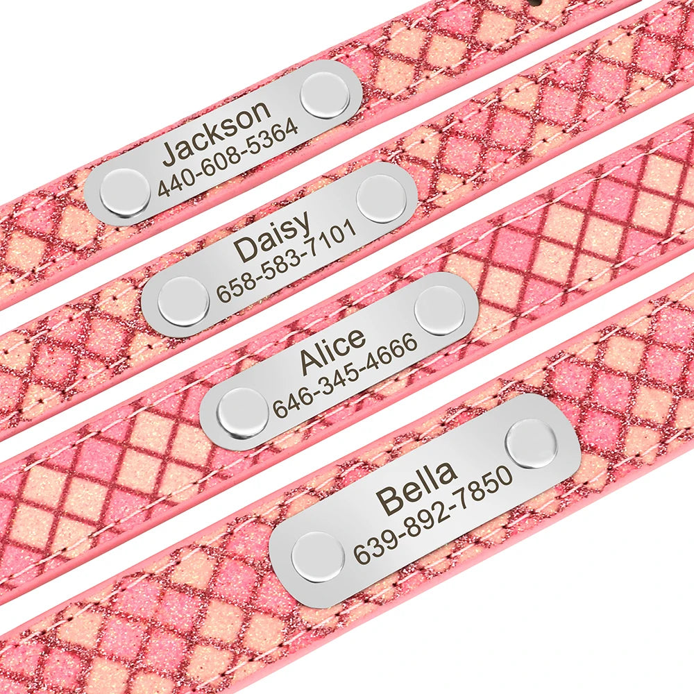 Coleira de couro personalizada para cães, coleiras xadrez personalizadas para cães pequenos e médios, gatos, chihuahua com placa de identificação gravada gratuita