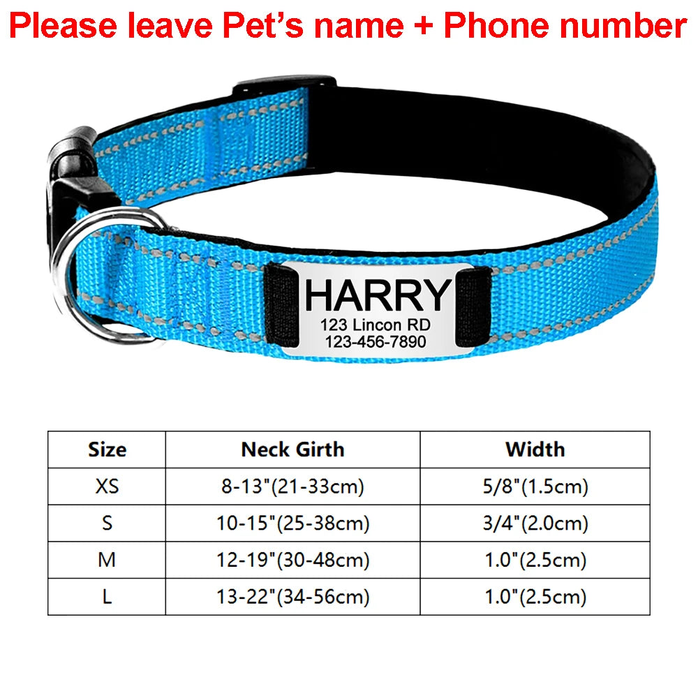 Coleira de cachorro reflexiva ajustável náilon personalizado gravado nome id tag personalizado luminoso filhote de cachorro brilhante grande unisex coleira de cachorro
