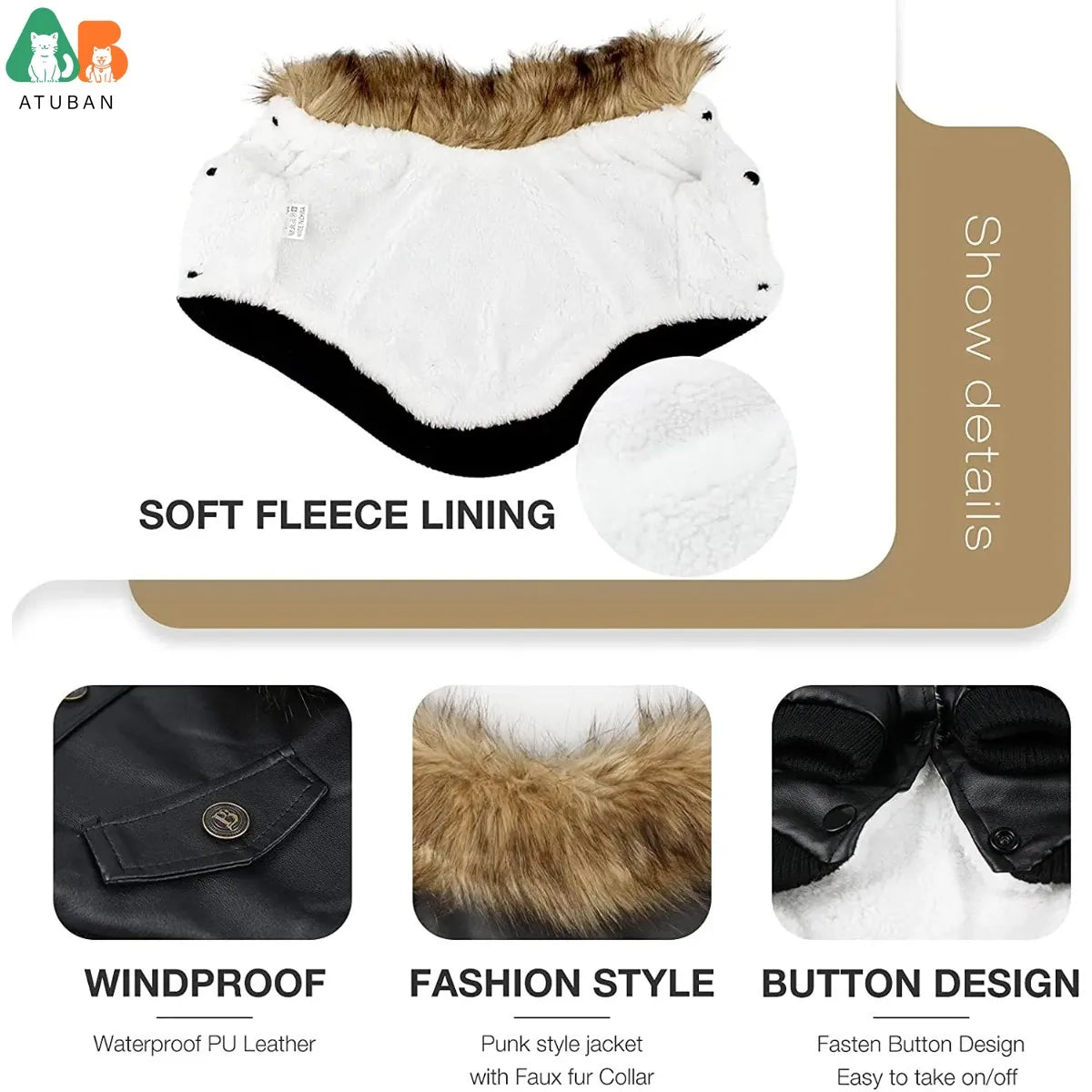 Atuban casacos de couro do cão à prova dwaterproof água casaco de inverno do cão filhote de cachorro jaquetas para cães de pequeno a médio roupas para animais de estimação roupas para cães de inverno