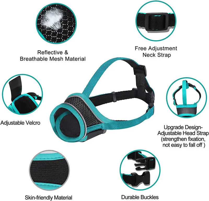 Reforçado com malha respirável e anel ajustável capa de boca para animais de estimação capa de boca de cachorro reflexiva capa de boca de nylon macio