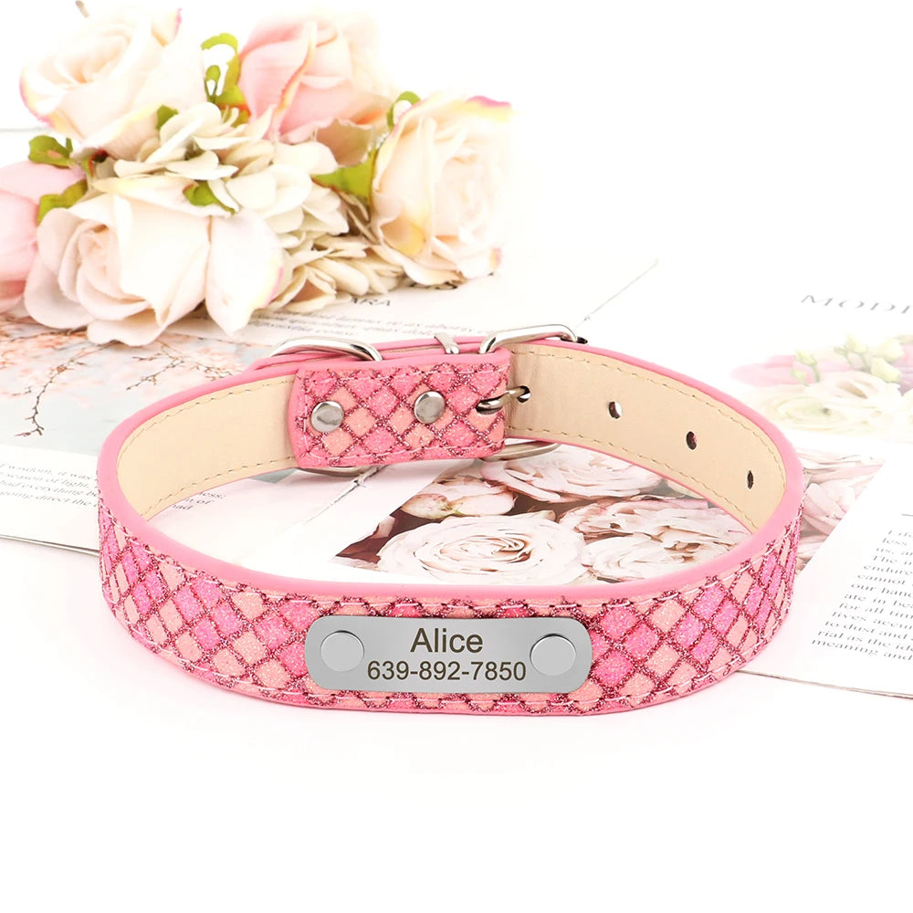 Coleira de couro personalizada para cães, coleiras xadrez personalizadas para cães pequenos e médios, gatos, chihuahua com placa de identificação gravada gratuita