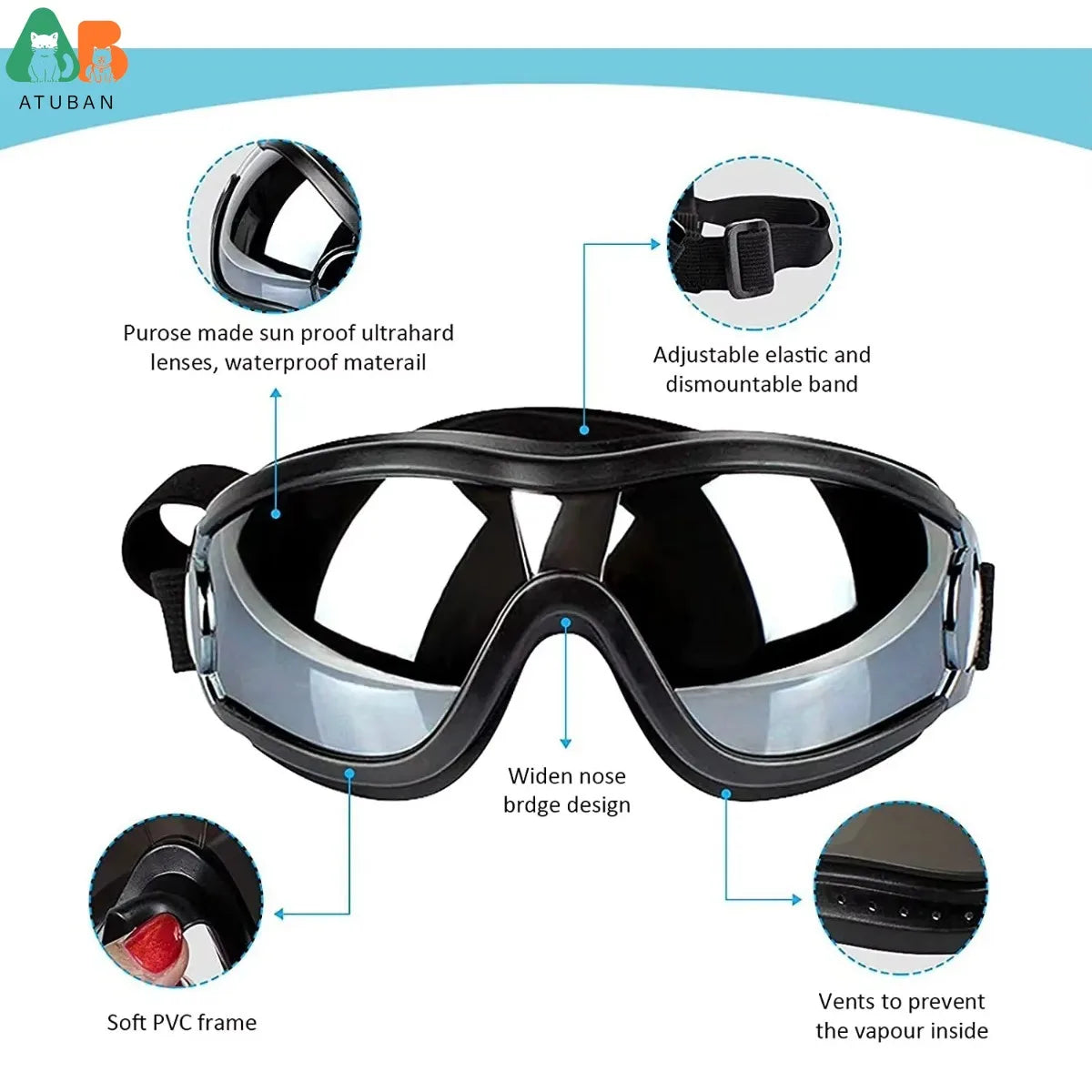 Óculos de sol para cães, alça ajustável para viagens, esqui e antiembaçante, óculos de neve para cães de médio a grande porte