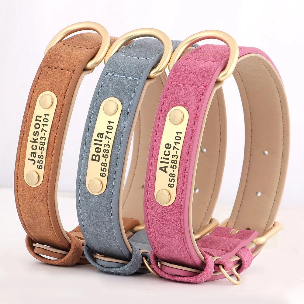 Coleira de cachorro personalizada gravada em couro pu, coleira de identificação com gravação gratuita, placa de identificação para cães pequenos, médios e grandes