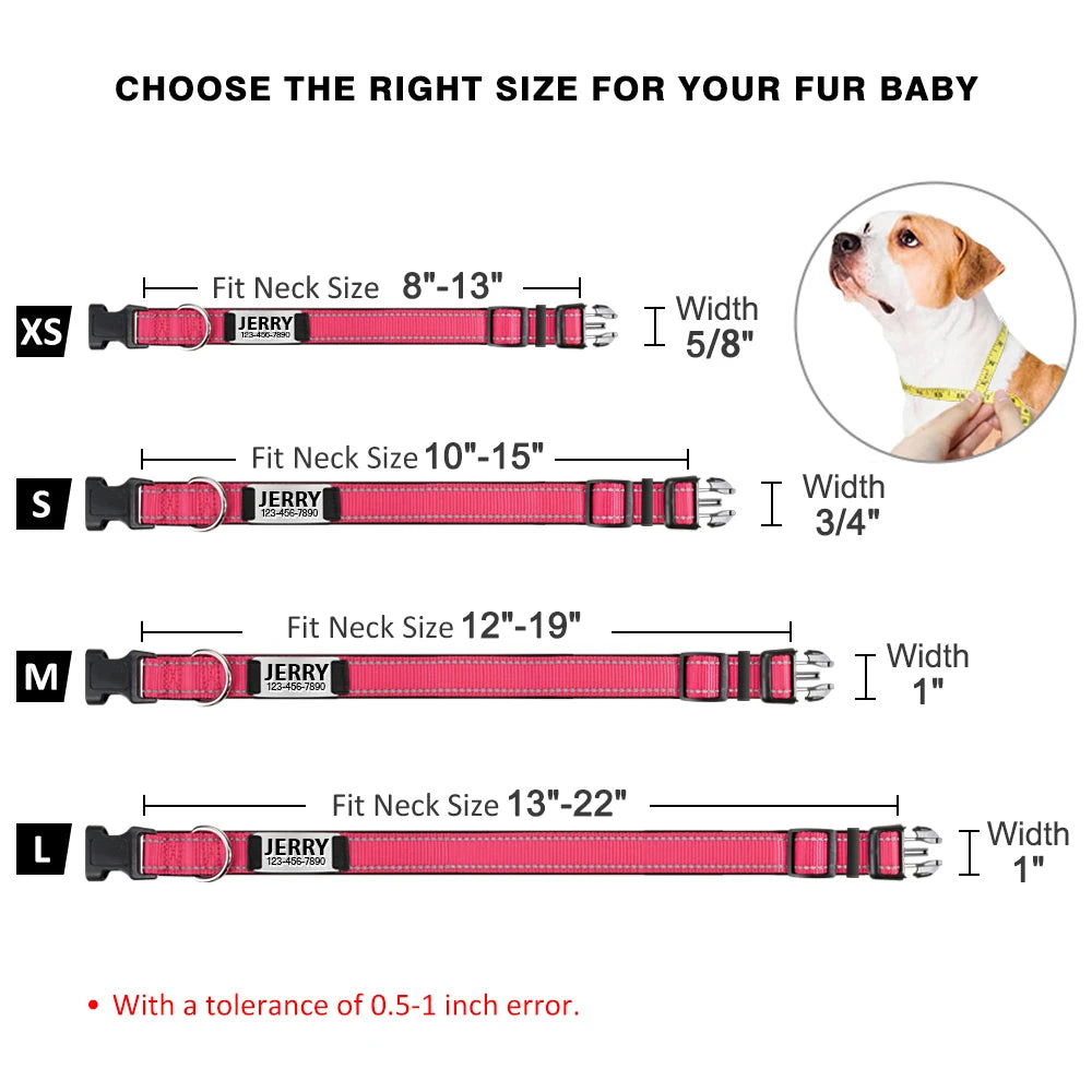 Coleira de cachorro reflexiva ajustável náilon personalizado gravado nome id tag personalizado luminoso filhote de cachorro brilhante grande unisex coleira de cachorro