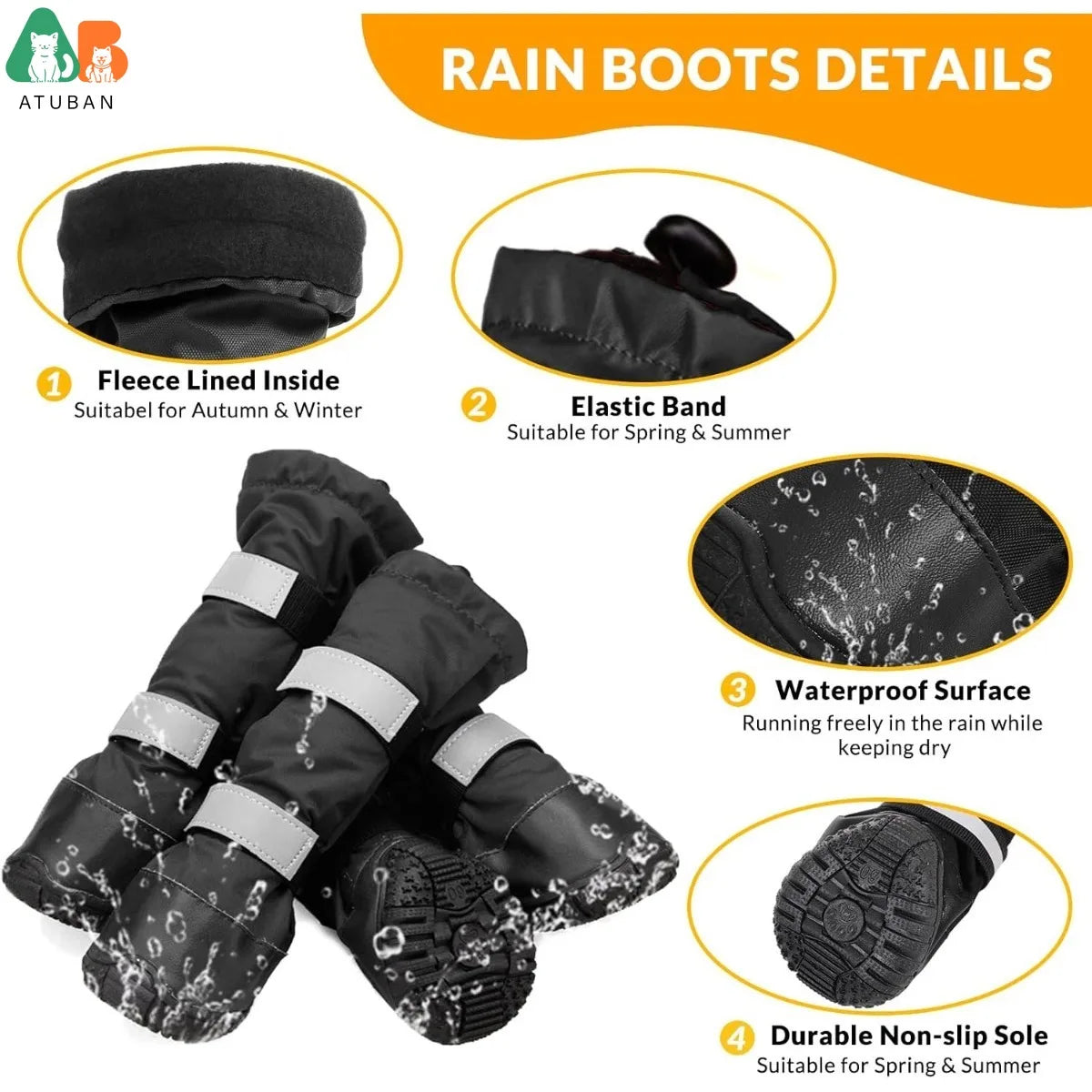 Botas de chuva para cães ATUBAN com lã quente, sapatos para cães médios e grandes à prova d'água e antiderrapantes com tiras reflexivas e sola robusta