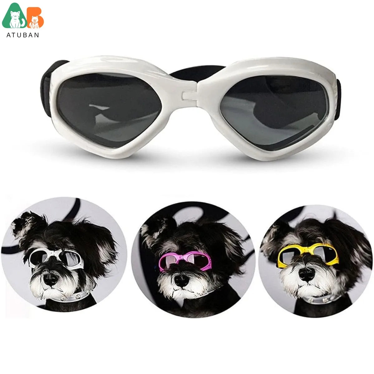 ATUBAN Óculos de sol para cães pequenos, à prova d'água, à prova de vento, proteção UV, óculos de sol para animais de estimação, cachorrinho, gato (branco