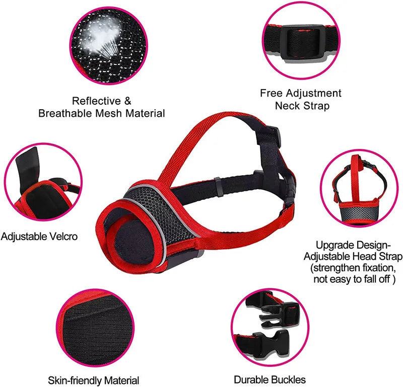 Reforçado com malha respirável e anel ajustável capa de boca para animais de estimação capa de boca de cachorro reflexiva capa de boca de nylon macio