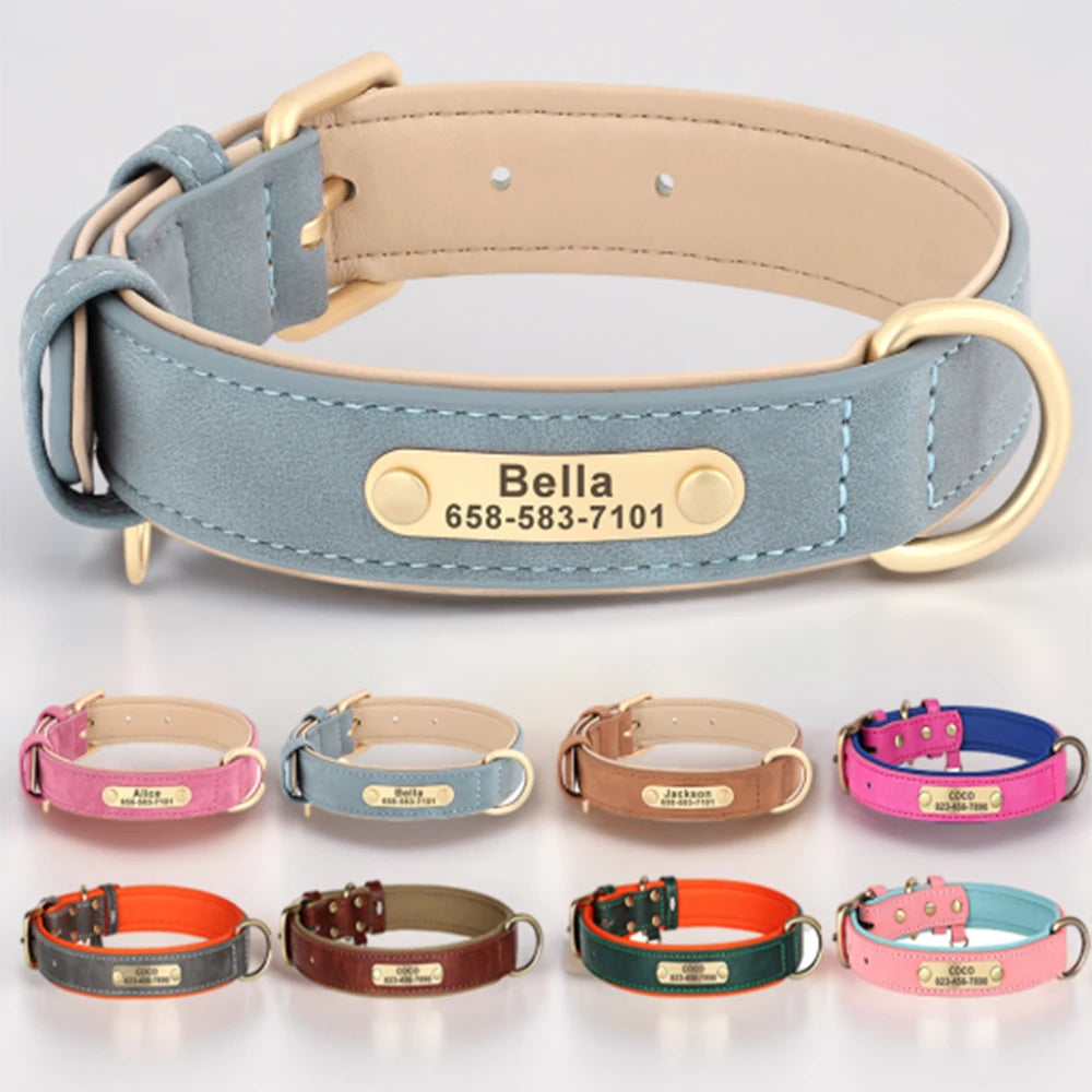 Coleira de cachorro personalizada gravada em couro pu, coleira de identificação com gravação gratuita, placa de identificação para cães pequenos, médios e grandes