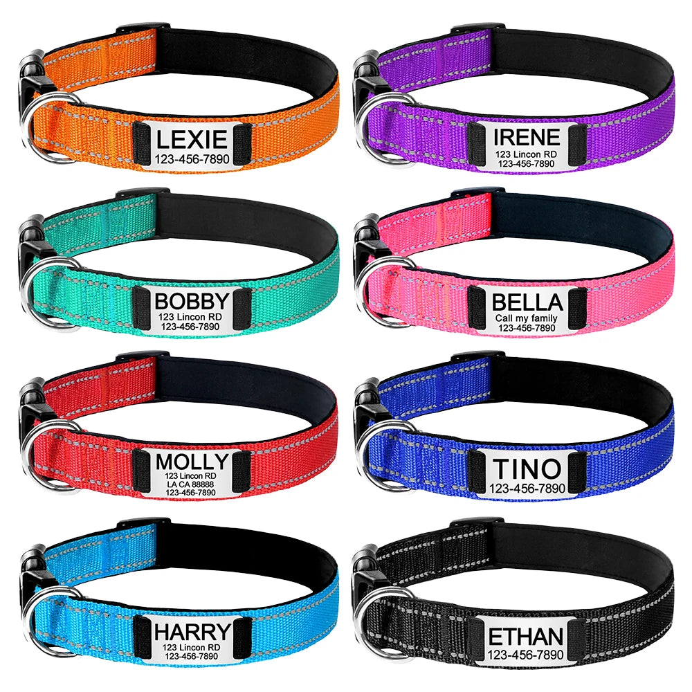 Coleira de cachorro reflexiva ajustável náilon personalizado gravado nome id tag personalizado luminoso filhote de cachorro brilhante grande unisex coleira de cachorro