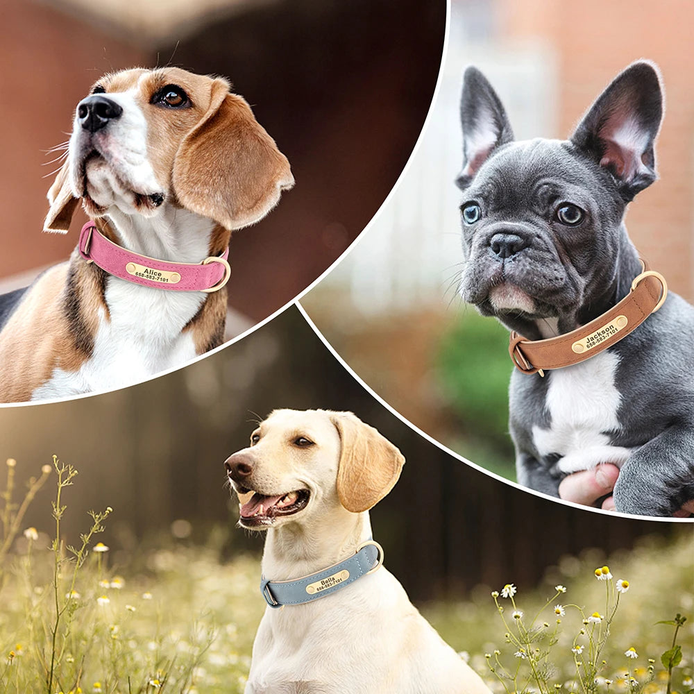 Coleira de cachorro personalizada gravada em couro pu, coleira de identificação com gravação gratuita, placa de identificação para cães pequenos, médios e grandes