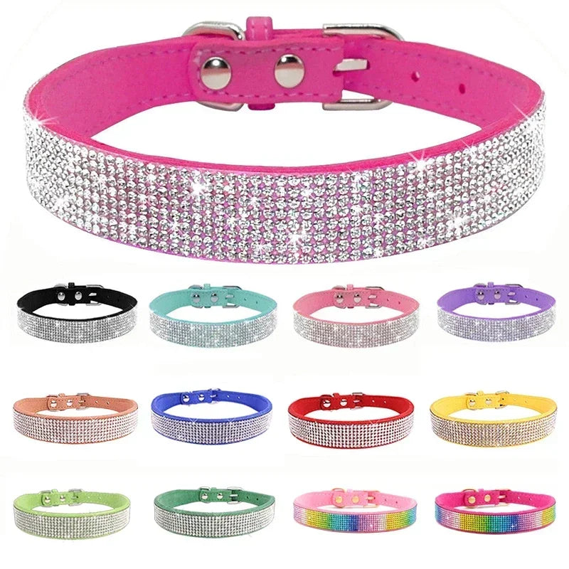Coleira de cachorro de cristal de fibra de camurça confortável glitter strass coleiras de cachorro fivela de liga de zinco para cães pequenos gatos XXS-XL