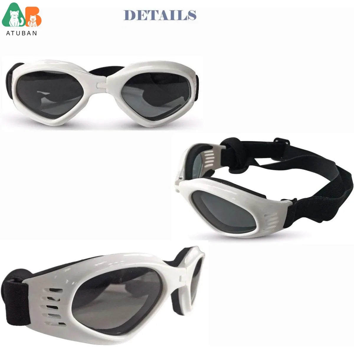 ATUBAN Óculos de sol para cães pequenos, à prova d'água, à prova de vento, proteção UV, óculos de sol para animais de estimação, cachorrinho, gato (branco