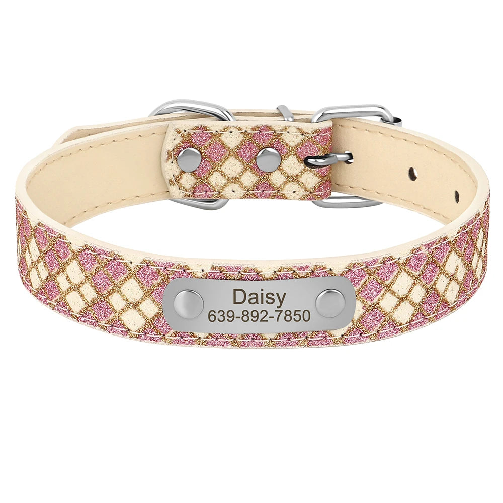 Coleira de couro personalizada para cães, coleiras xadrez personalizadas para cães pequenos e médios, gatos, chihuahua com placa de identificação gravada gratuita